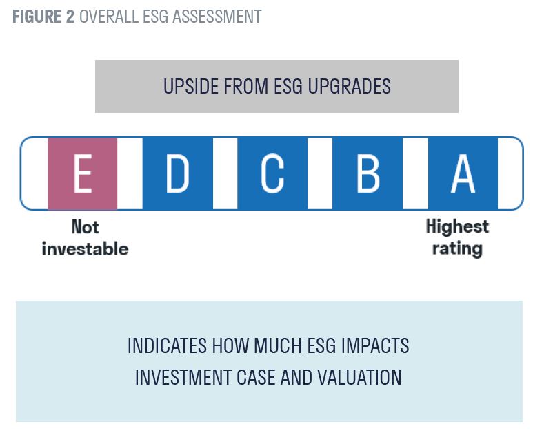ESG Assessment showing grades E (not investible) to A (highest rating)