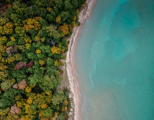  Aerial view of where the land meets the sea.