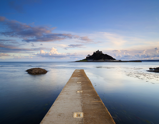 A long exposure of St Michael's Mount, an historic medieval church off the coast of Cornwall.